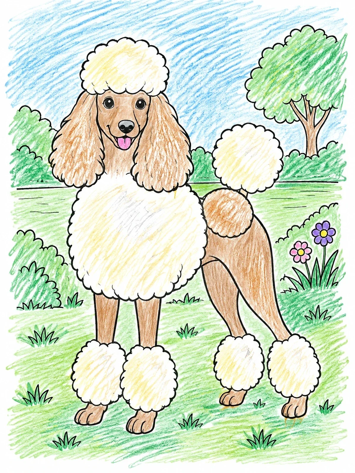 Colored example of the Fluffy Show Poodle In The Park coloring page