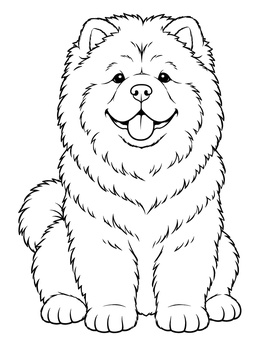 A happy puppy sits forward on this chow chow coloring page with a fluffy mane and tongue out.