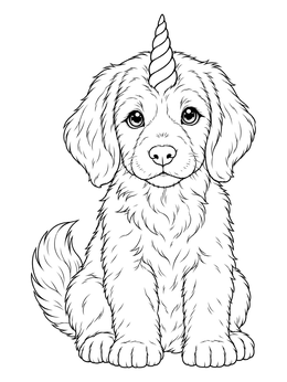 A fluffy puppy unicorn coloring page showing a cute seated dog with a spiraled horn.