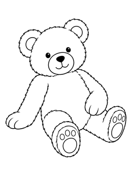 A fluffy teddy bear coloring page featuring a cute stuffed animal leaning back on the floor.
