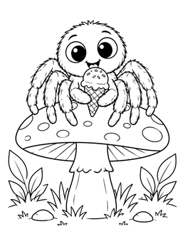 A fluffy little spider eating ice cream on a mushroom in this spider coloring page.