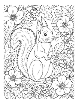 Free printable Fluffy Squirrel In Forest Blossoms coloring page