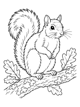 An attentive squirrel coloring page perched neatly on a leafy oak branch.