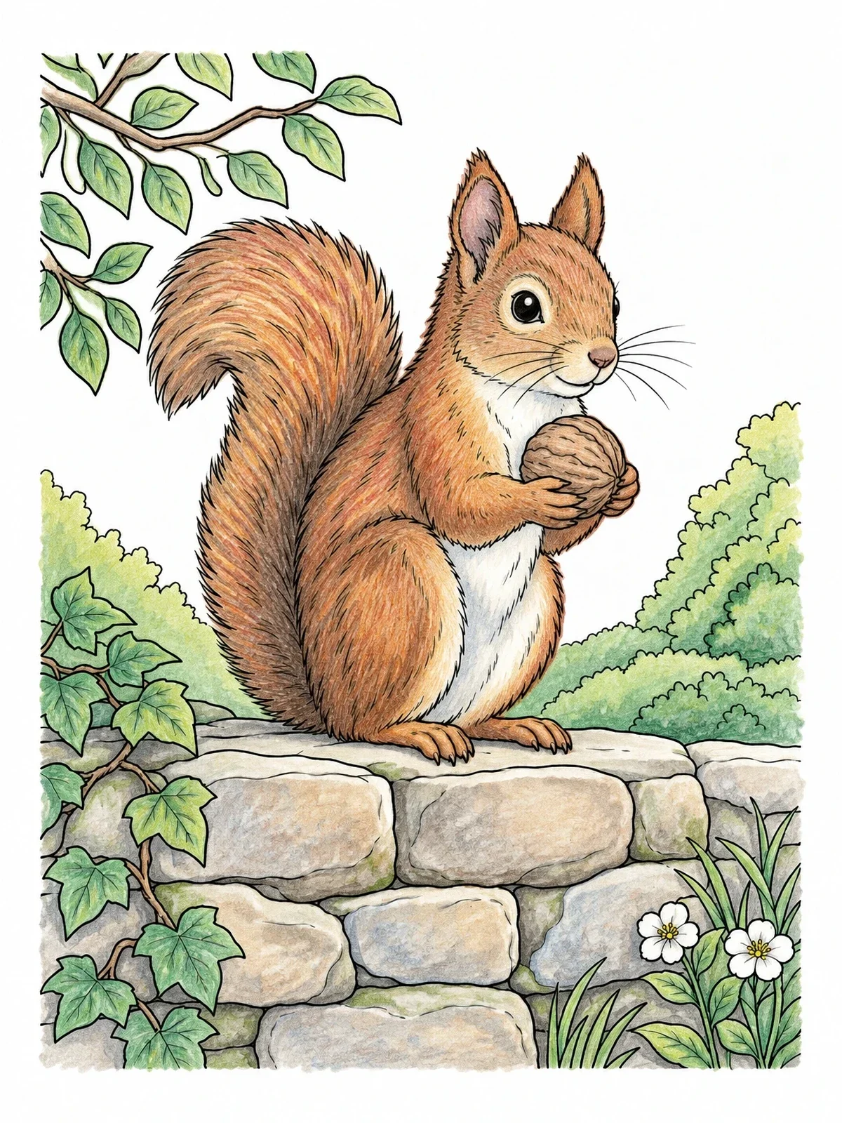 Colored example of the Fluffy Squirrel On A Stone Wall coloring page