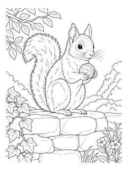 Free printable Fluffy Squirrel On A Stone Wall coloring page