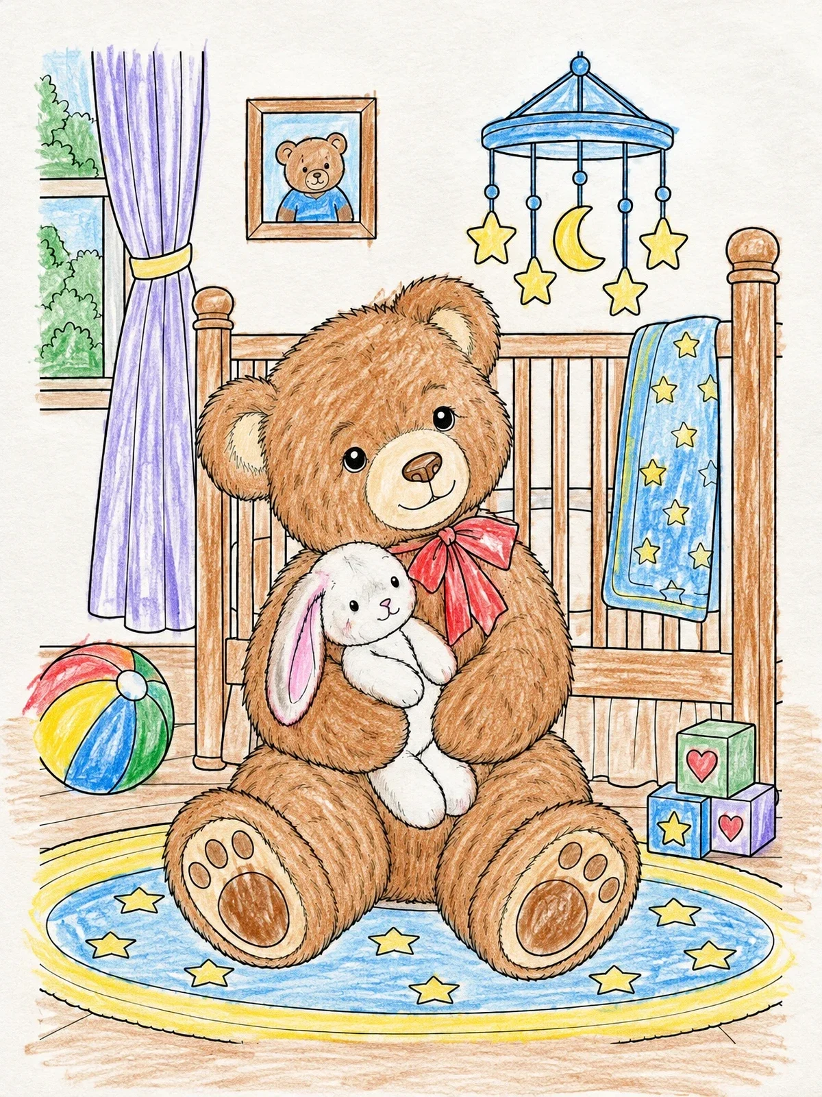 Colored example of the Fluffy Teddy Bear In Nursery coloring page