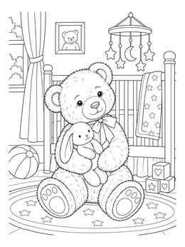 A sweet teddy bear coloring page featuring a plush bear holding a toy bunny in a cozy nursery.