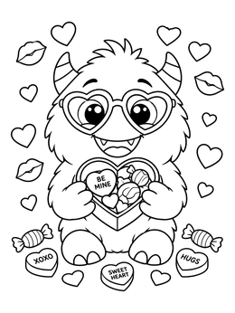 A cute fluffy valentine monster coloring page holding a heart shaped box of candies.