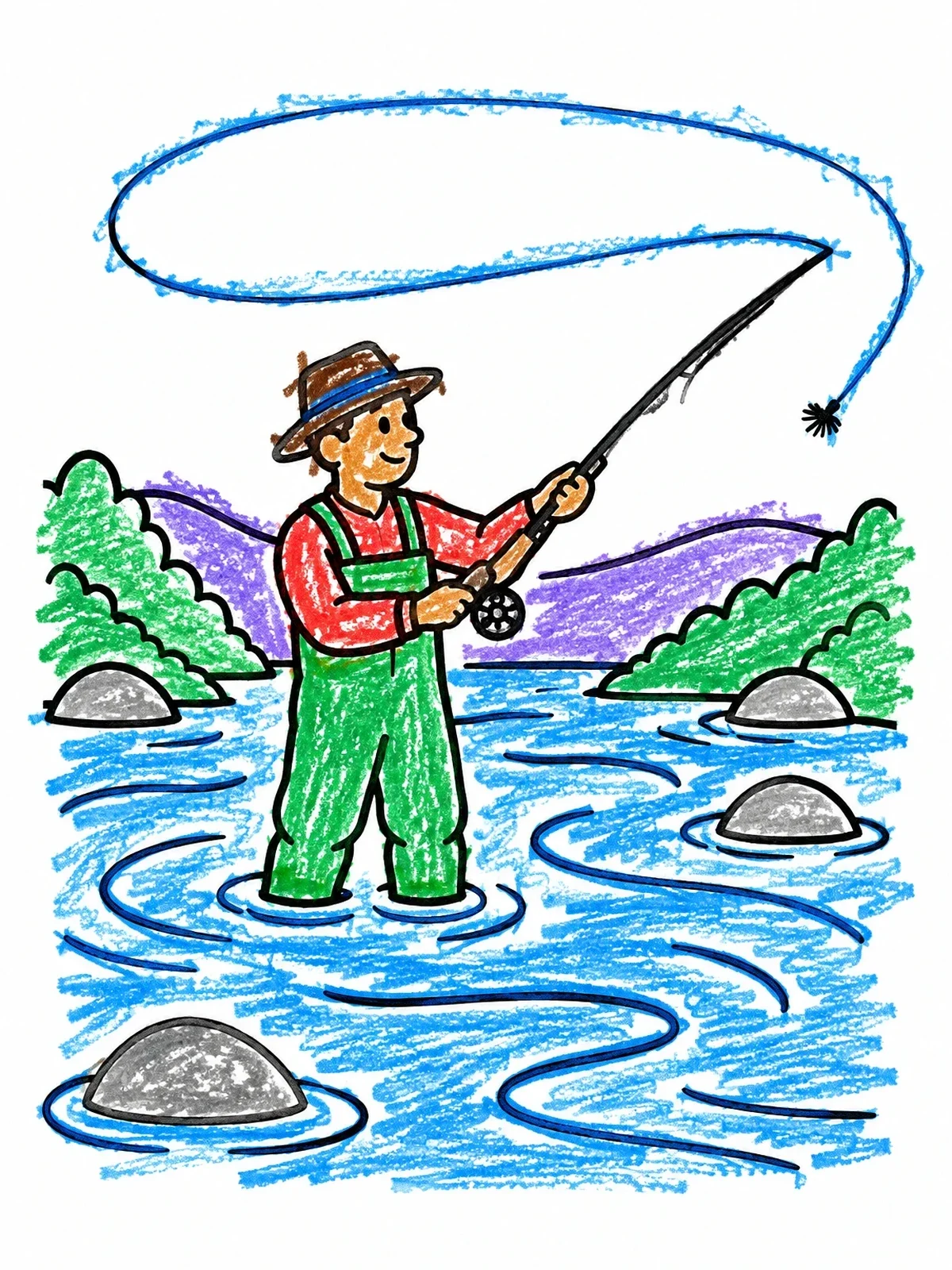 Colored example of the Fly Fisherman In The River coloring page