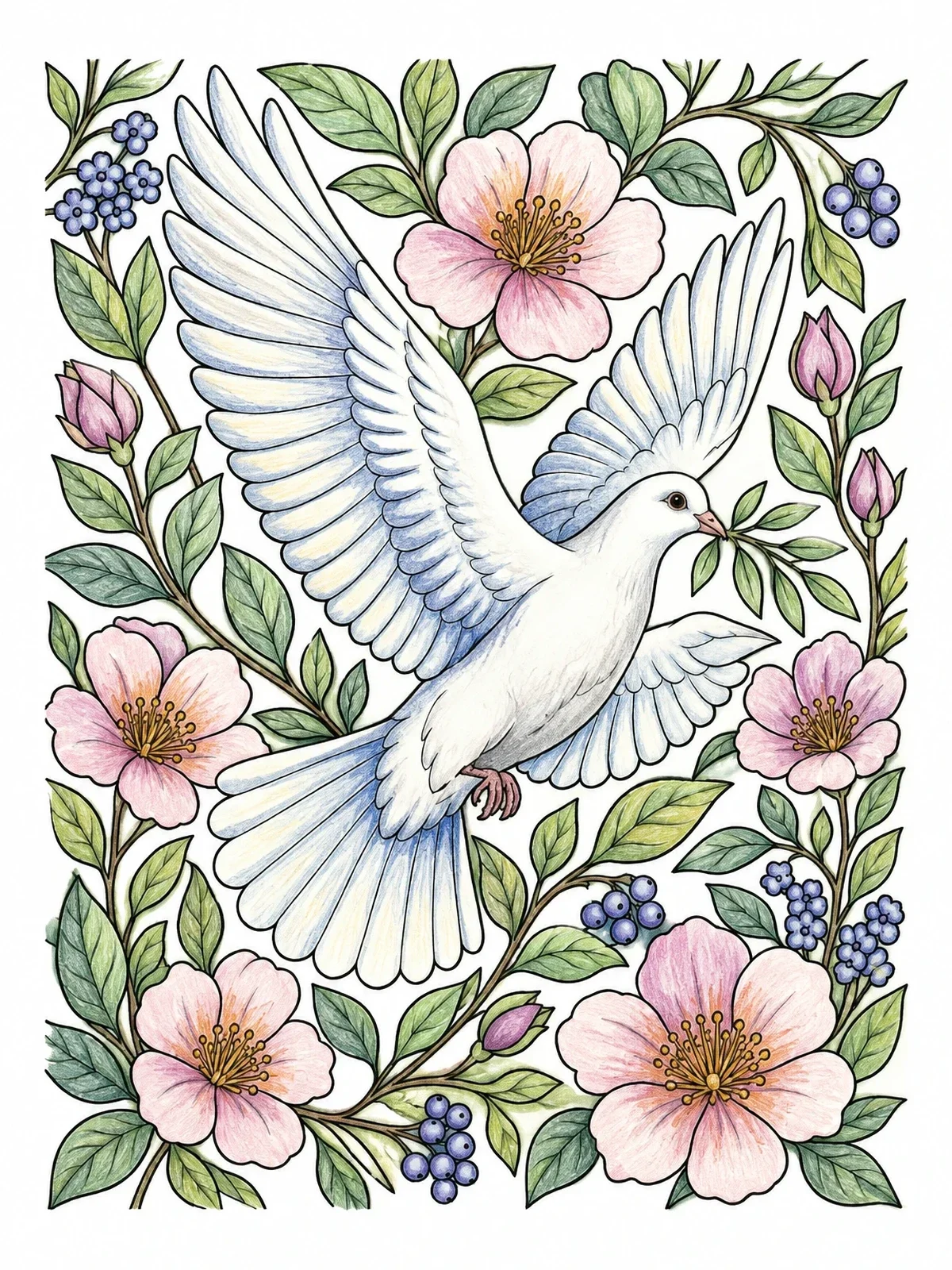 Colored example of the Flying Dove Surrounded By Flowers coloring page