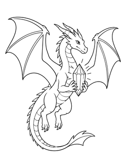 A friendly winged beast holds a glowing gem in this dragon coloring page.