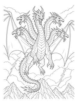 A fierce multi-headed hydra coloring page soaring high above mountains during a thunderstorm.