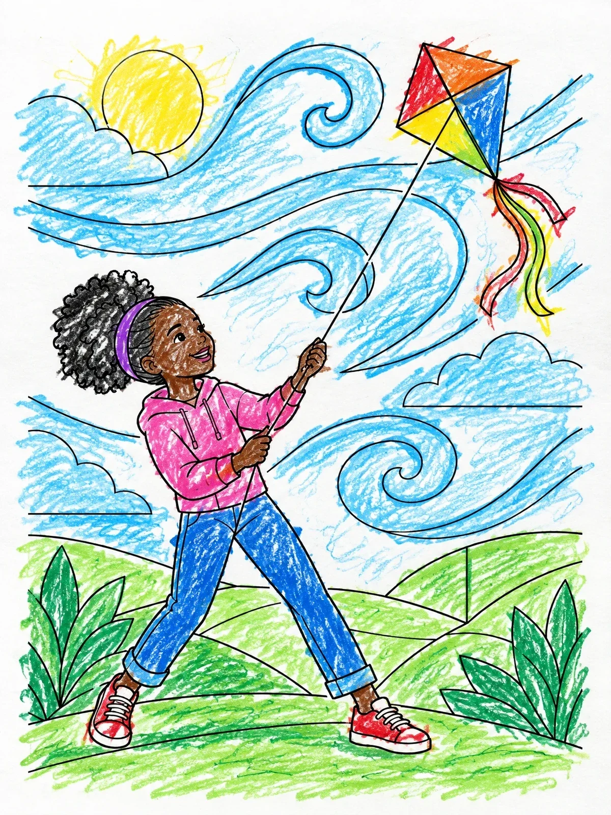 Colored example of the Flying A Kite In Wind Currents coloring page