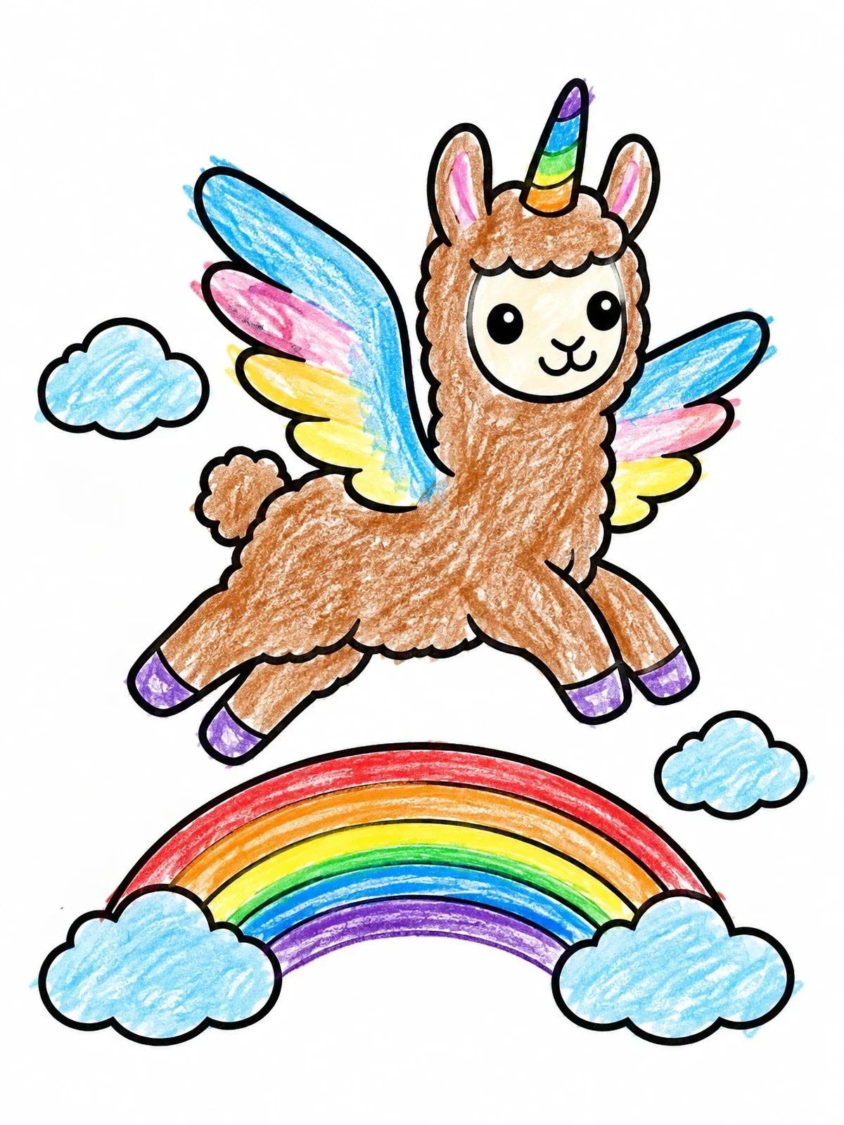 Colored example of the Flying Llamacorn Over A Rainbow coloring page