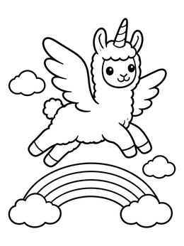 Free printable Flying Llamacorn Over A Rainbow coloring page