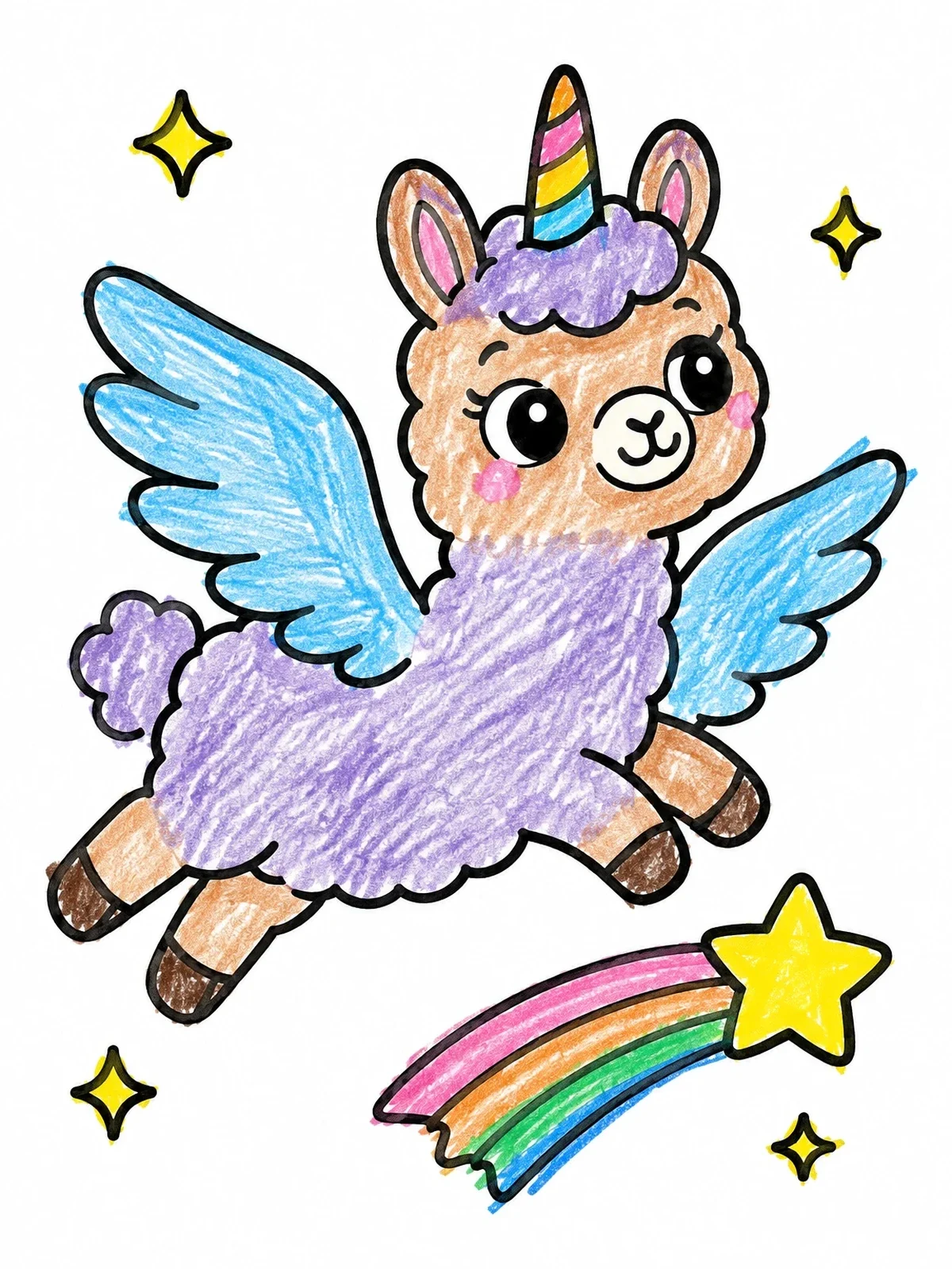 Colored example of the Cute Flying Llamacorn And Shooting Star coloring page