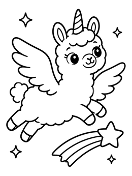 A cute winged llamacorn coloring page soaring past a bright shooting star.
