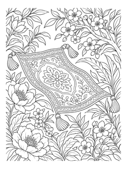 A magic coloring page showing an ornate flying carpet soaring through blooming floral branches.