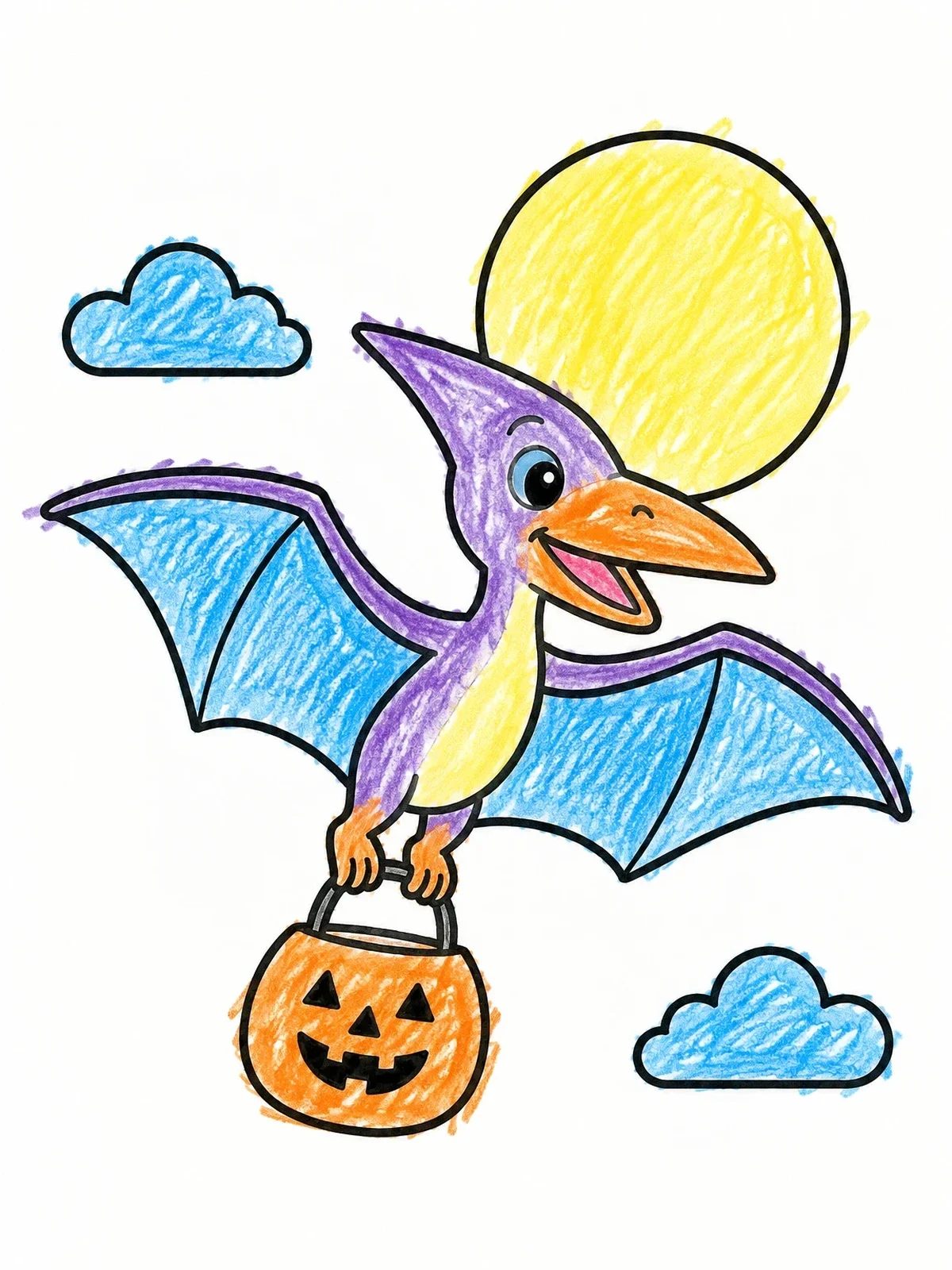 Colored example of the Flying Pterodactyl With Pumpkin Bucket coloring page