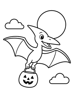A friendly flying pterodactyl holding a treat bag in this halloween dinosaur coloring page.