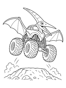 A winged pterodactyl monster truck coloring page soaring high above a dirt ramp jump.