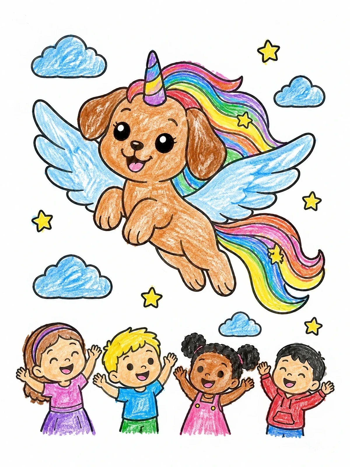 Colored example of the Flying Puppy Unicorn Above Cheerful Kids coloring page