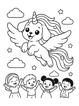 A magical puppy unicorn coloring page showing a winged pup flying over cheering children.