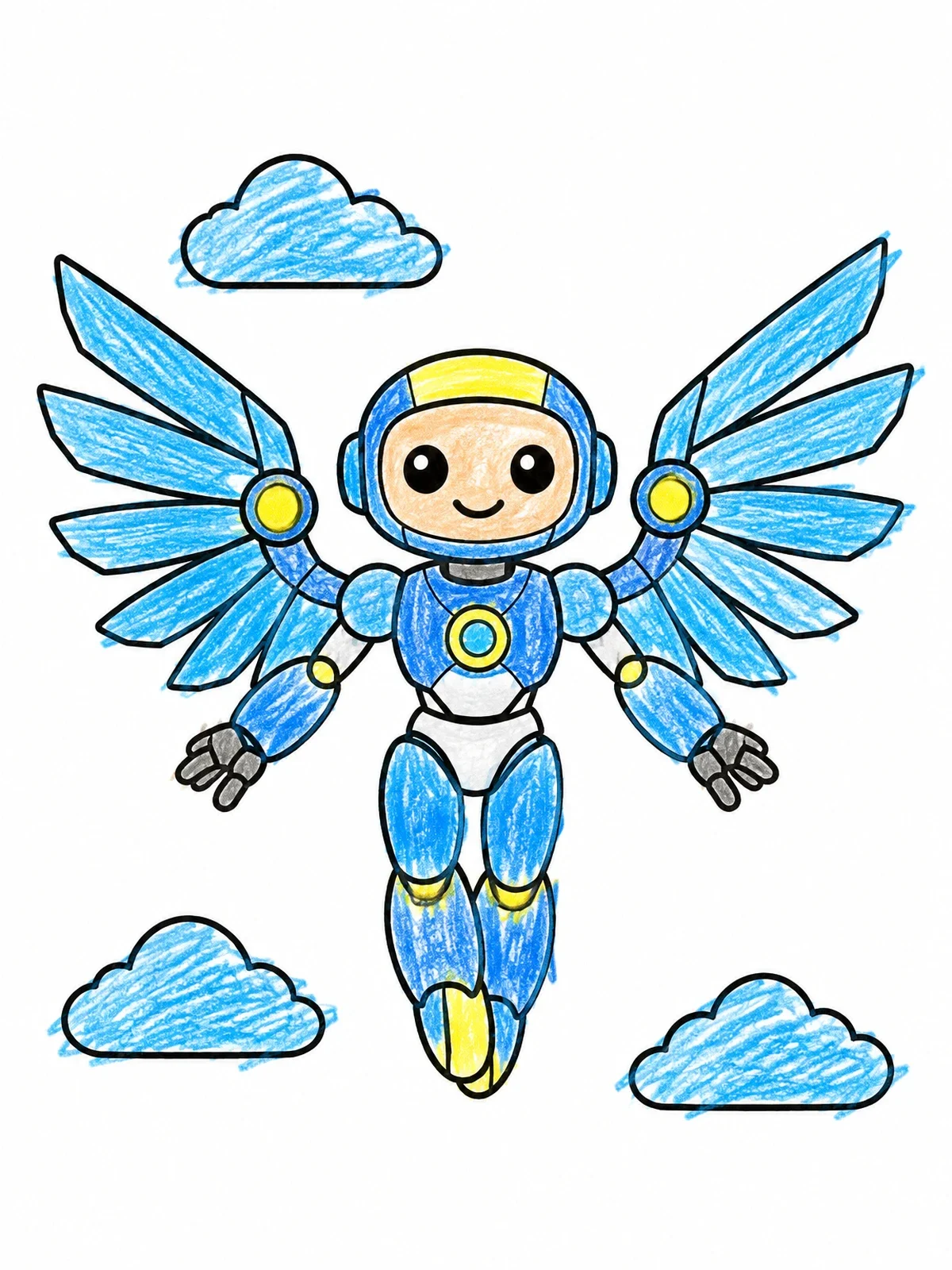Colored example of the Cute Flying Robot With Wings coloring page