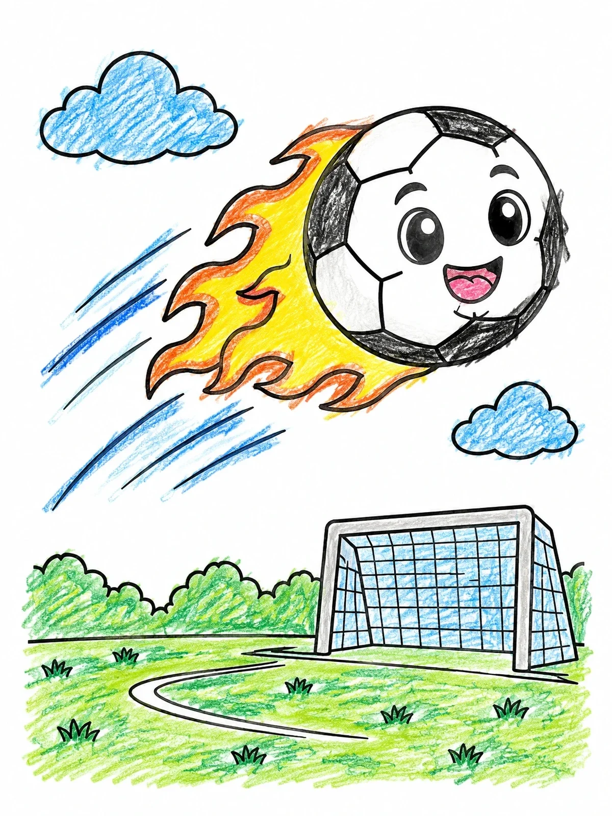 Colored example of the Happy Flying Soccer Ball With Flames coloring page