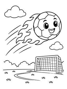 Free printable Happy Flying Soccer Ball With Flames coloring page