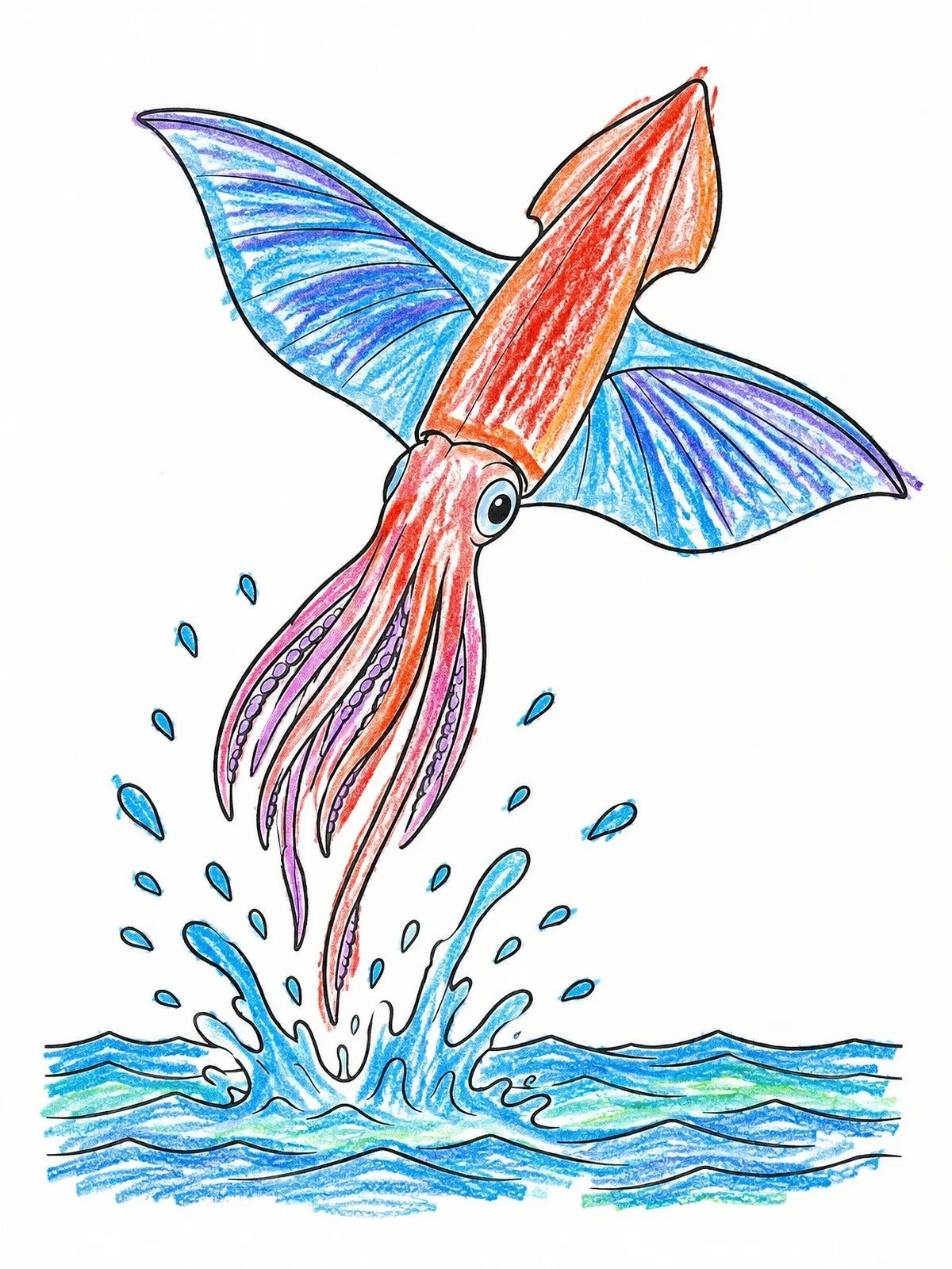 Colored example of the Flying Squid Gliding Over Waves coloring page