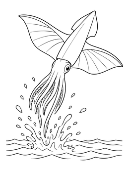 A dynamic squid coloring page showing a flying squid leaping high out of splashing ocean waves.