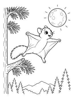 A cute squirrel coloring page featuring a flying squirrel gliding under a full moon above the forest.