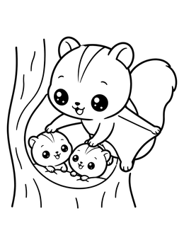 A sweet squirrel coloring page with a mother flying squirrel watching over two babies in a tree.