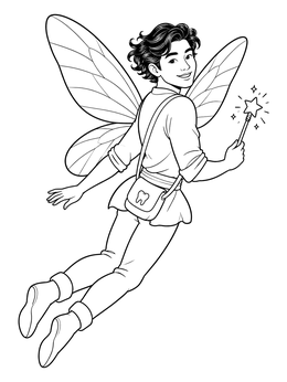 A cheerful male tooth fairy coloring page showing a boy with wings and a star wand.