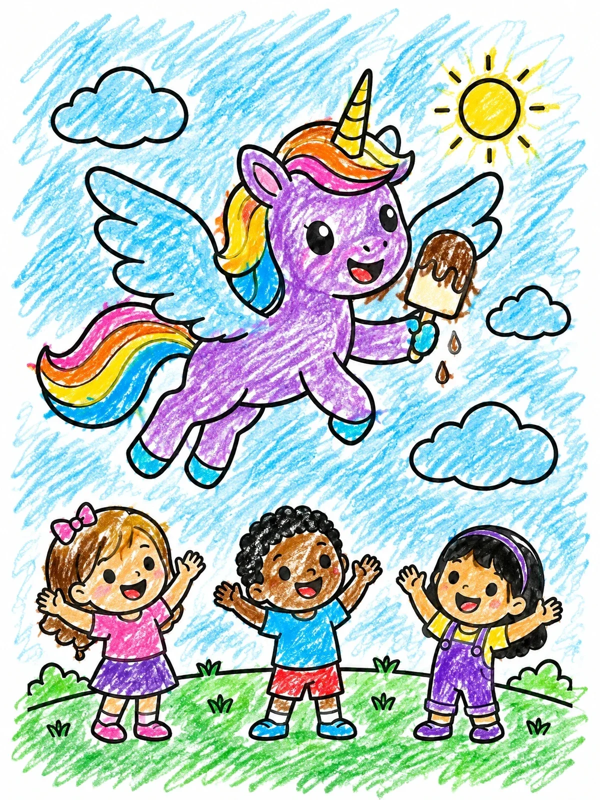 Colored example of the Flying Unicorn With Ice Cream coloring page