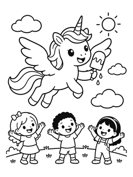 Happy children look up at a winged unicorn ice cream coloring page with an ice pop in the sky.