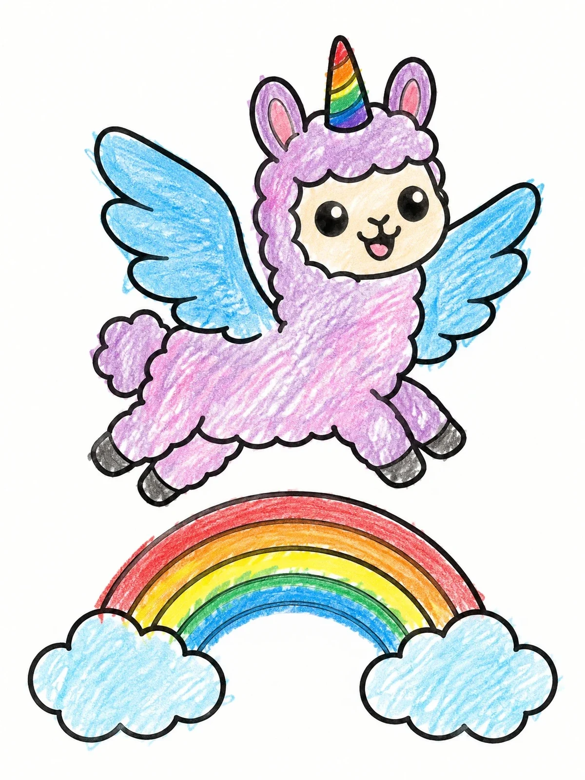 Colored example of the Flying Llamacorn Over A Rainbow coloring page