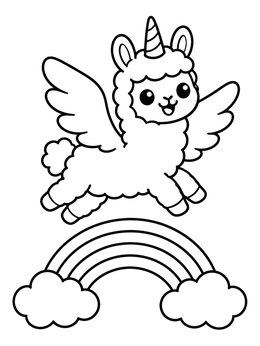 Free printable Flying Llamacorn Over A Rainbow coloring page