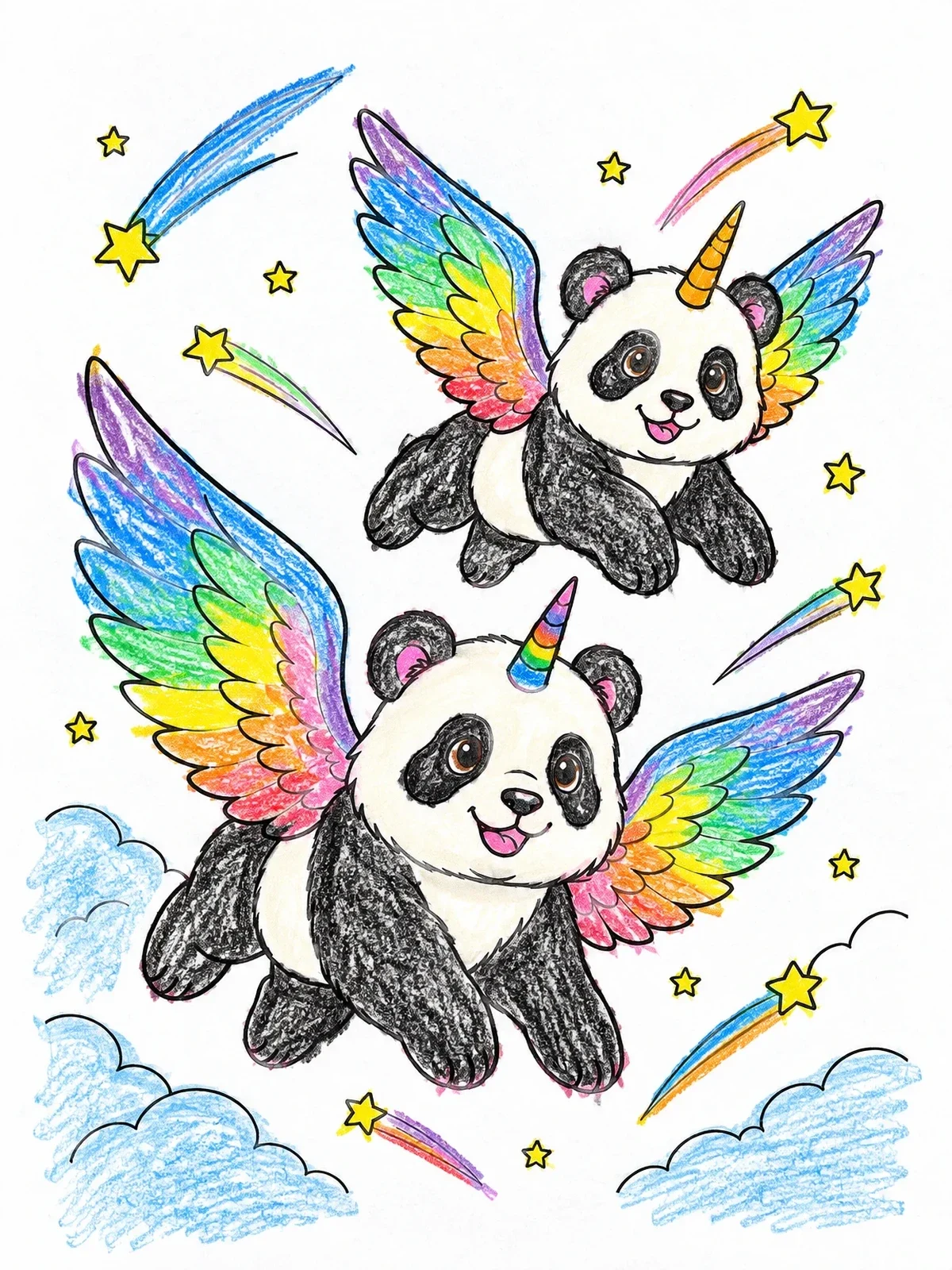 Colored example of the Flying Unicorn Pandas Among Shooting Stars coloring page