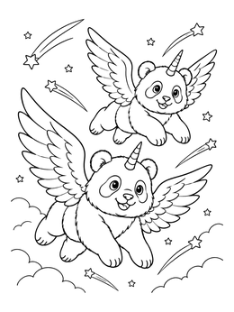 Two winged panda cubs soaring in this unicorn panda coloring page with shooting stars.