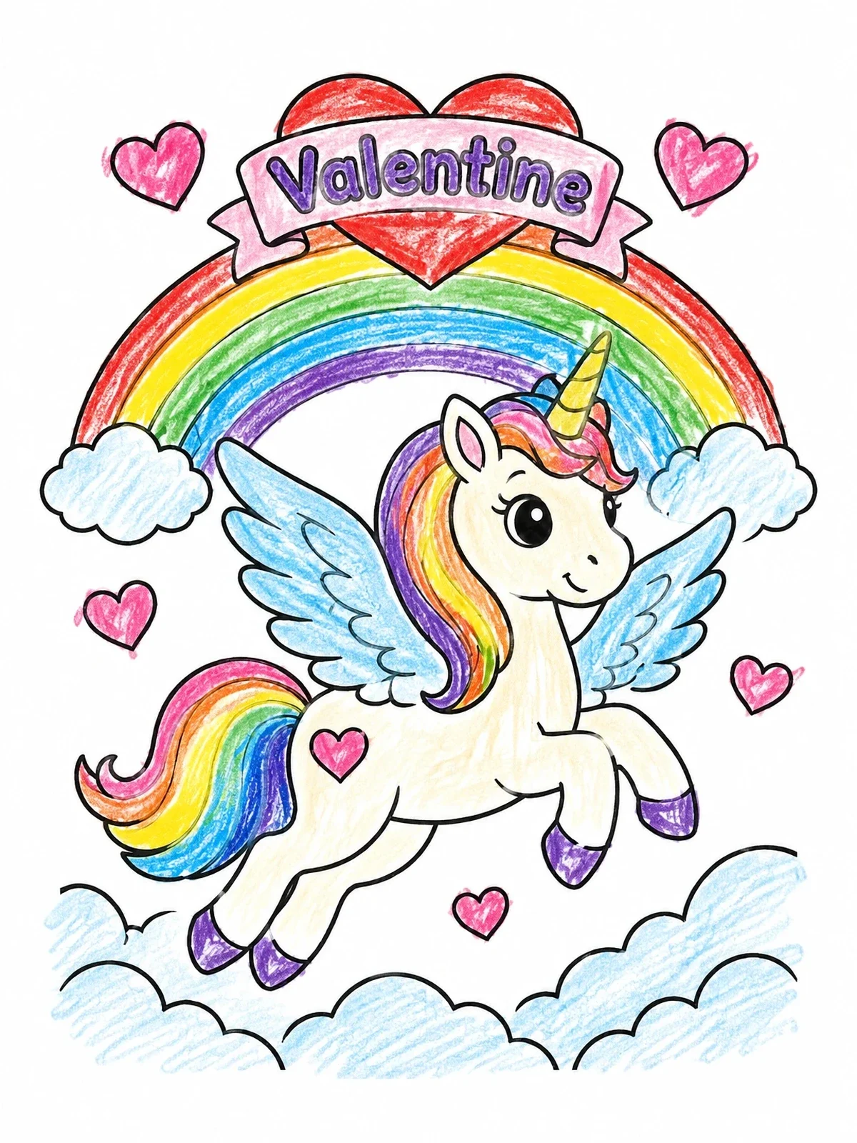 Colored example of the Flying Valentine Unicorn With Rainbow coloring page