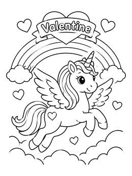 Free printable Flying Valentine Unicorn With Rainbow coloring page