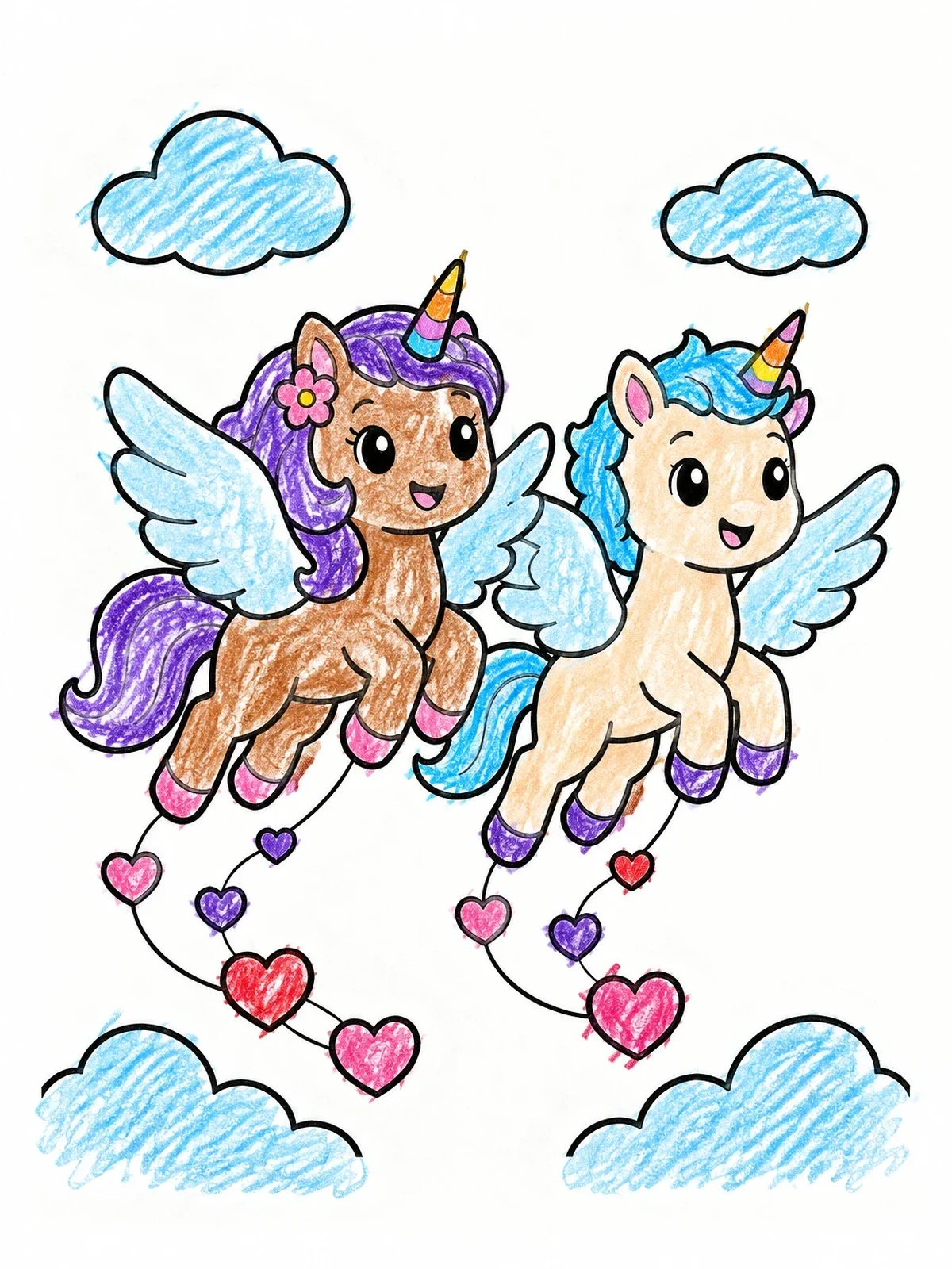Colored example of the Flying Winged Unicorns With Hearts coloring page