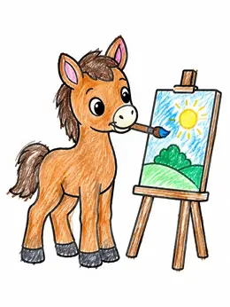 Easel Example Cute Foal Painting On Easel Coloring Page