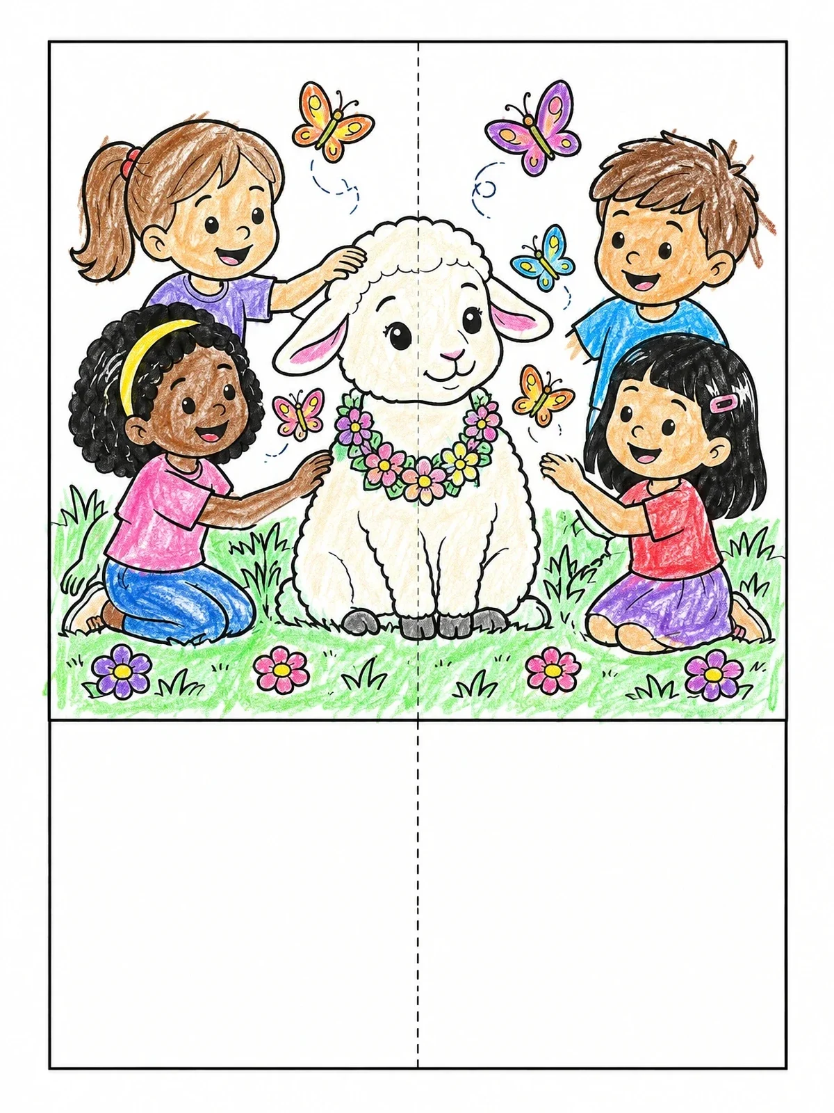 Colored example of the Foldable Easter Card With Lamb And Children coloring page
