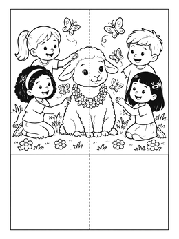 Happy children petting a cute flower garland lamb on this foldable easter cards coloring page.