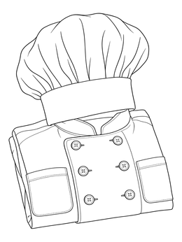 A neatly folded chef coloring page showing a double-breasted jacket and a toque blanche.