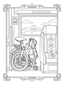 A compact folding electric bike coloring page placed beside a train seat next to a sunny window.
