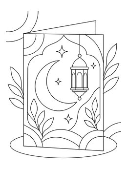 A decorative folded ramadan coloring page card featuring a crescent moon, stars, and hanging lantern.
